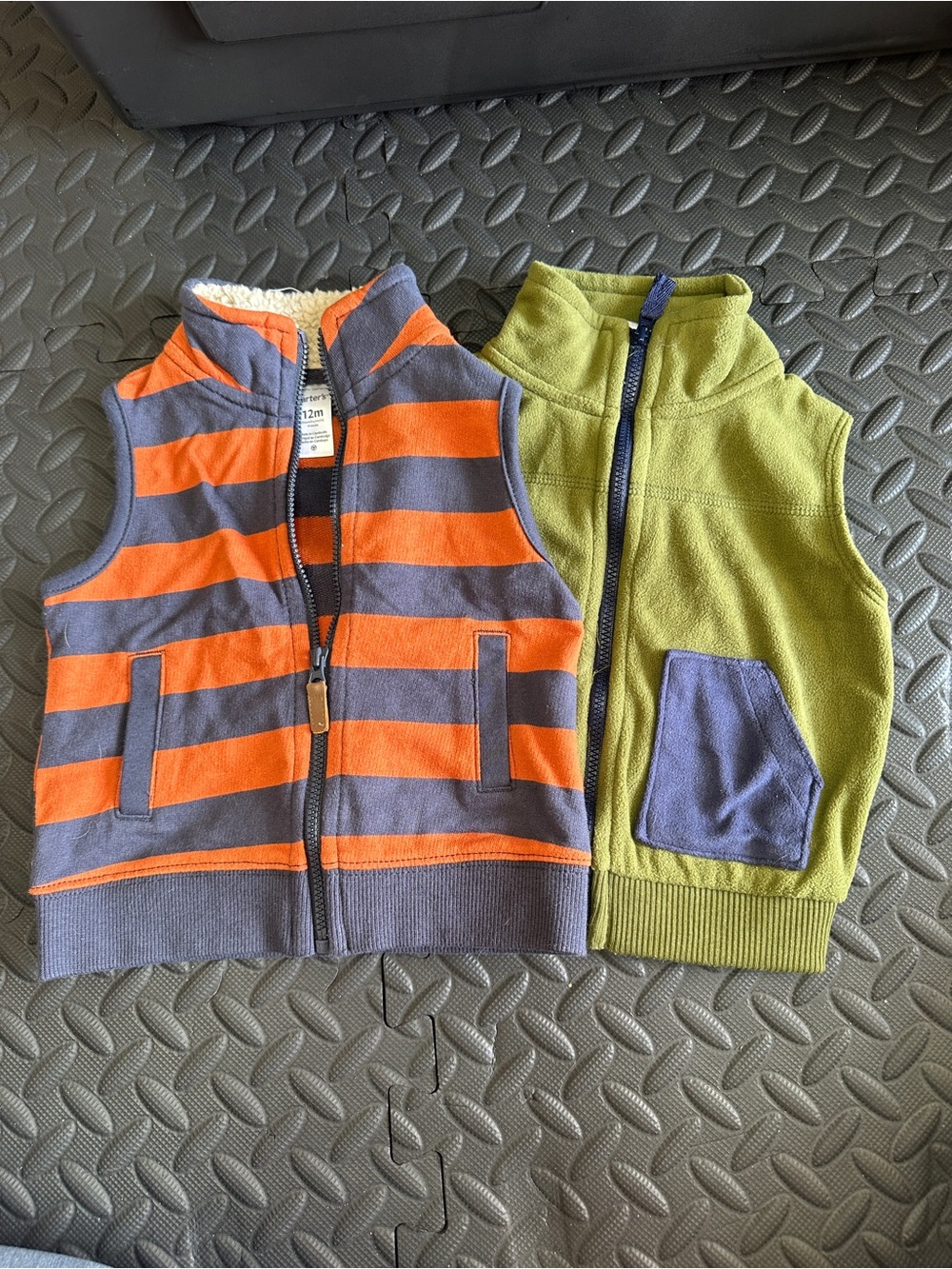 Carter's Orange & Gray Striped Fleece Vest with Olive Green Zip Front Vest